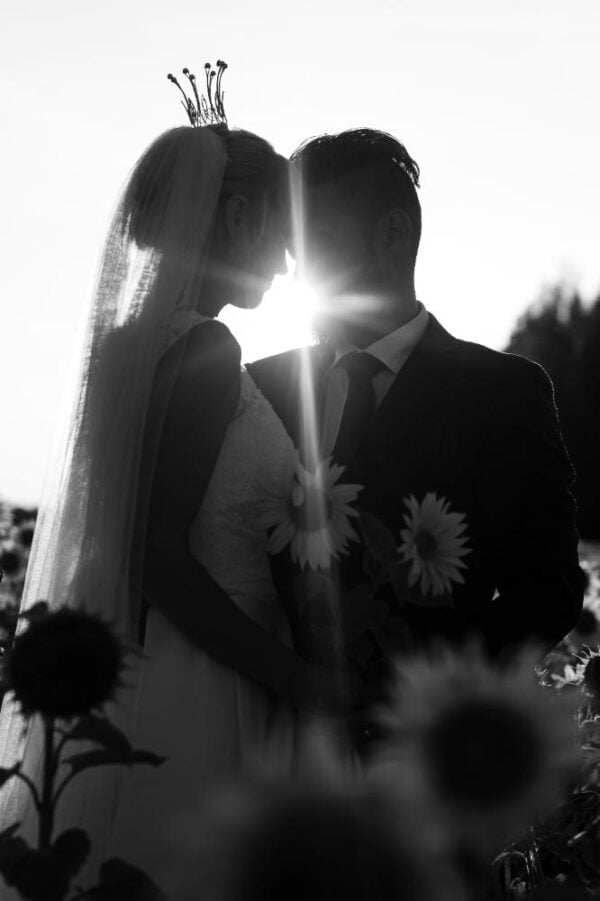 Black and white image of a wedding couple in a sunflower field.