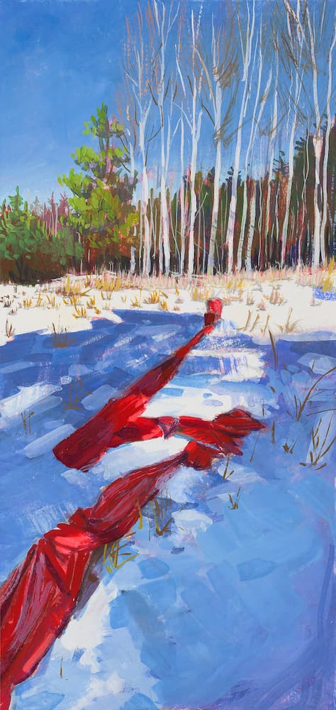 A painting of a red cloth on a rocky shore in Jurmo by painter Chris Sheridan.