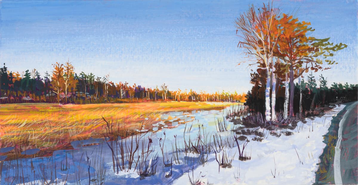 A painting of a snow-covered field with the colours of the early spring ocrea by the side of the road.