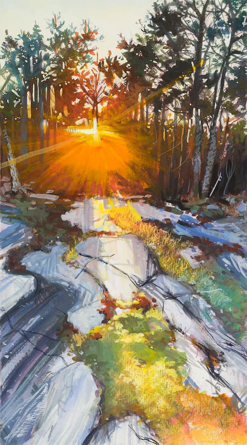 Interview with painter Chris Sheridan discussing his depiction of a sun setting over rocks and trees in his painting.